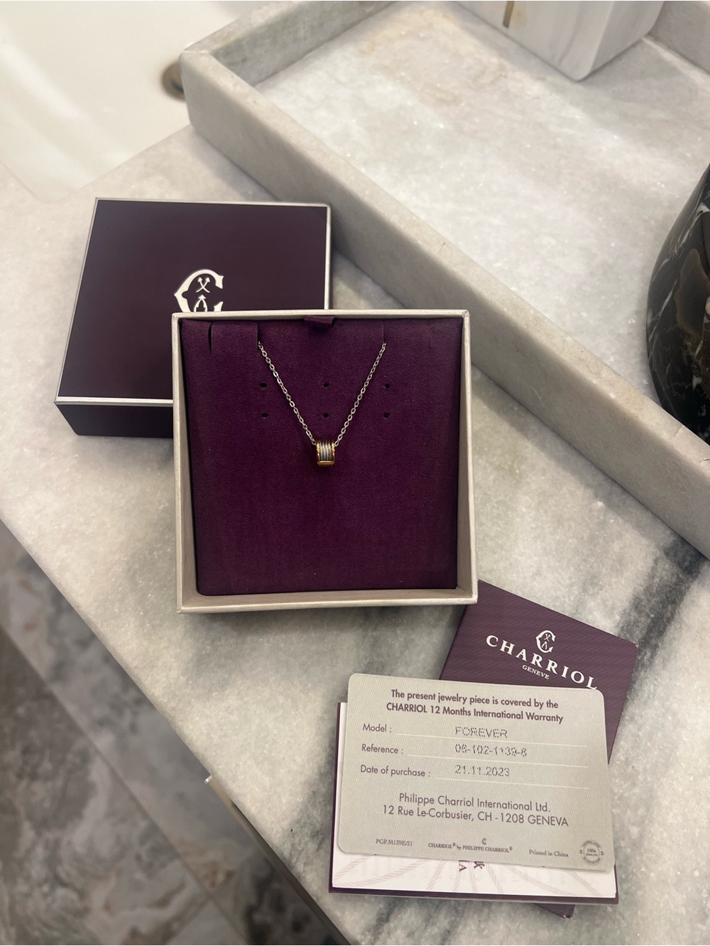 Charriol Gold-Tone Cylinder Pendant Necklace with Purple Box